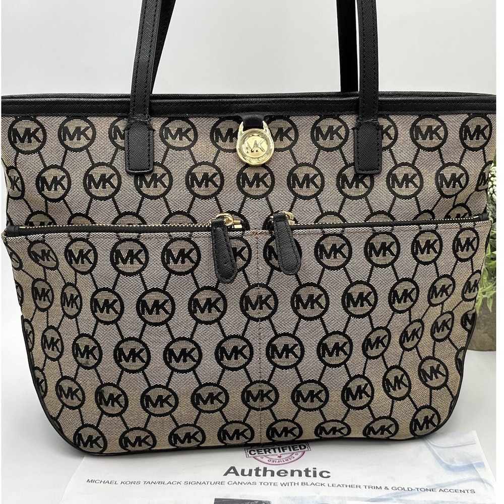 MICHAEL KORS MK‎ Kempton Signature Beige Black Jacquard Medium Purse Tote Bag